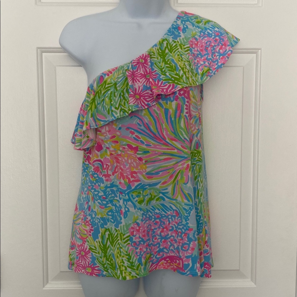 Lilly Pulitzer Neveah one-shoulder ruffle top Lovers Coral (109) M